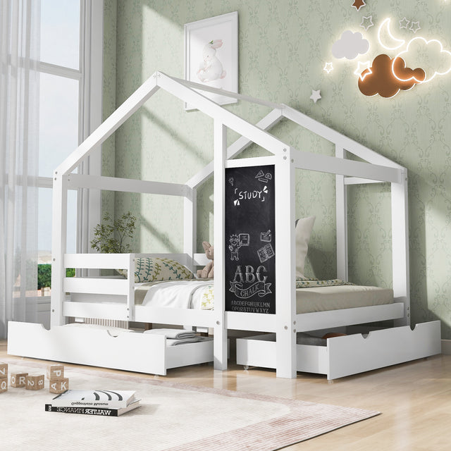 Full House Bed with Blackboard and Drawers Two assembly options White - V.I.P Digital Presence