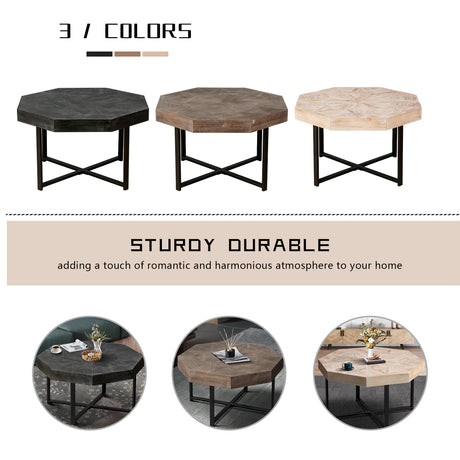 Wooden octagonal retro patchwork craft 30 inch wooden tabletop cross metal leg coffee table (antique brown) - V.I.P Digital Presence