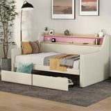 Twin Size Daybed with Storage Drawers, Upholstered Daybed with Charging Station and LED Lights, Beige - V.I.P Digital Presence