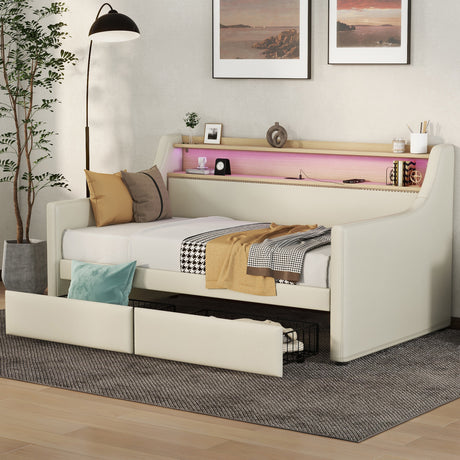 Twin Size Daybed with Storage Drawers, Upholstered Daybed with Charging Station and LED Lights, Beige - V.I.P Digital Presence