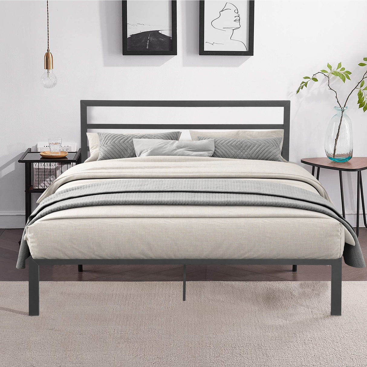 Queen Size Metal Bed Frame with Headboard Charcoal Grey - V.I.P Digital Presence