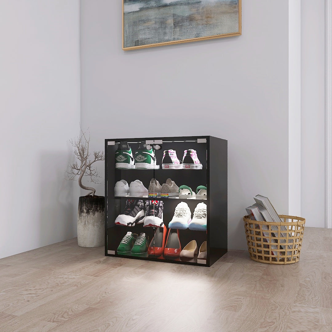 4 Layers Black Shoe Cabinet with Glass Door and Glass Layer Shoes Display Cabinet with LED light Bluetooth Control - V.I.P Digital Presence