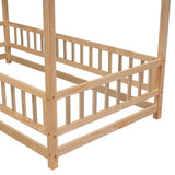 Twin Size Floor Wooden Bed with House Roof Frame, Fence Guardrails - V.I.P Digital Presence