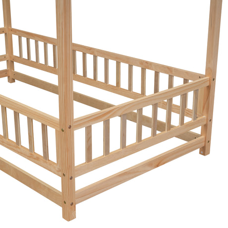 Twin Size Floor Wooden Bed with House Roof Frame, Fence Guardrails - V.I.P Digital Presence