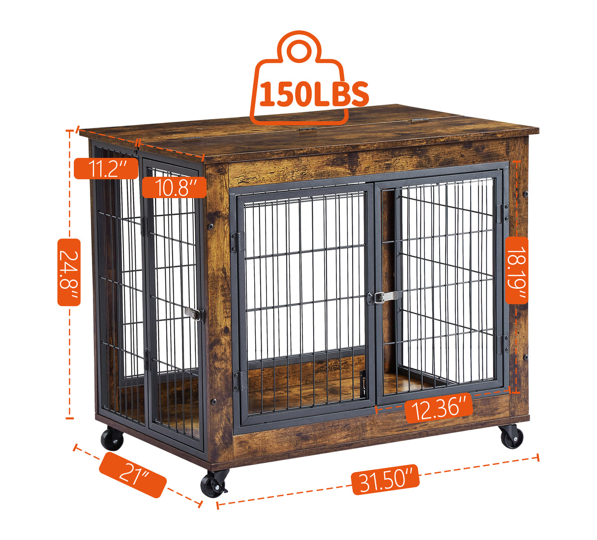 Furniture Style Dog Crate Side Table on Wheels with Double Doors and Lift Top. Rustic Brown, 31.50'' W x 22.05'' D x 25'' H. - V.I.P Digital Presence