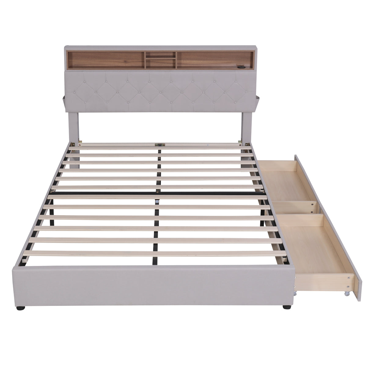 Queen Size Upholstered Platform Bed with Storage Headboard  LED  USB Charging and 2 Drawers  Beige