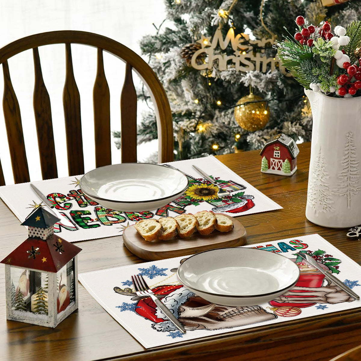 Skull Milk Tea Cup Printed Meal Mat Christmas Snowflake Letter Linen Table Mat Holiday Table Decoration Insulation Mat - V.I.P Digital Presence