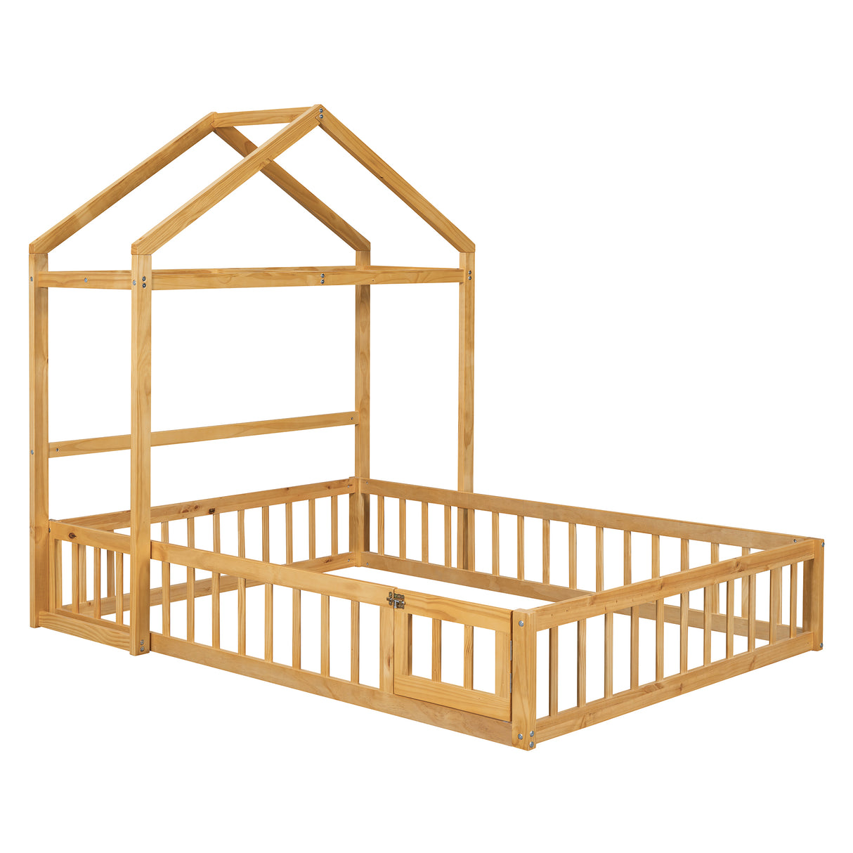 Wooden Full Size Children's Bed with Detachable Headboard and Integrated Clothes Drying Rack, Natural - V.I.P Digital Presence