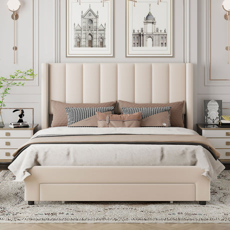 Queen Size Storage Bed Velvet Upholstered Platform Bed with a Big Drawer - Beige - V.I.P Digital Presence