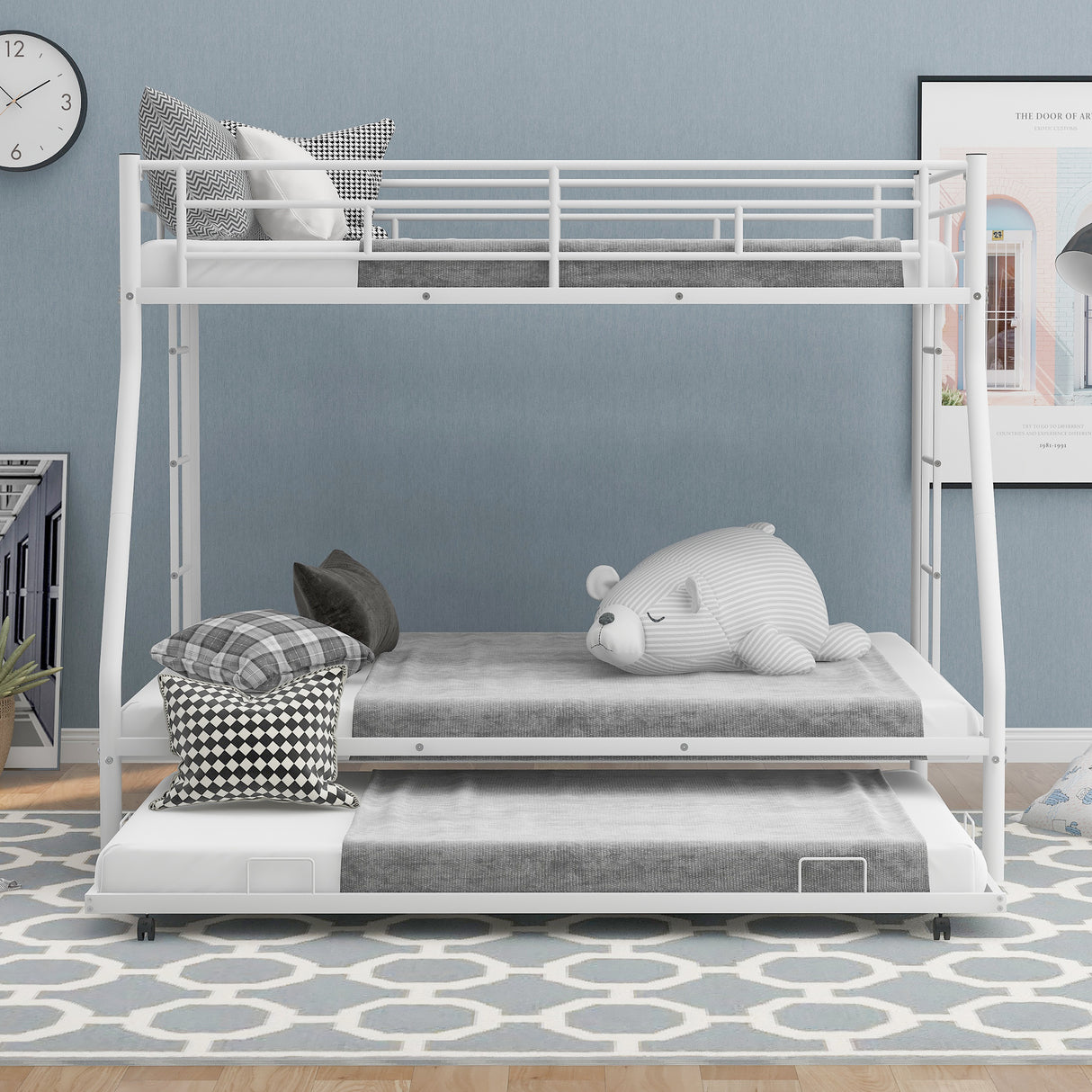 Twin over Full Bed with Sturdy Steel Frame Bunk Bed with Twin Size Trundle  Two-Side Ladders  White
