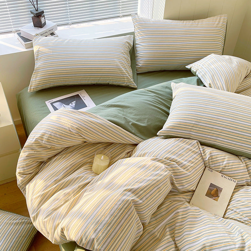 Cotton Dyed Washed Cotton Bedding Set Pure Cotton A Class Flat Sheet Quilt Cover Fitted Sheet Quilt Cover Three-Piece Set Striped