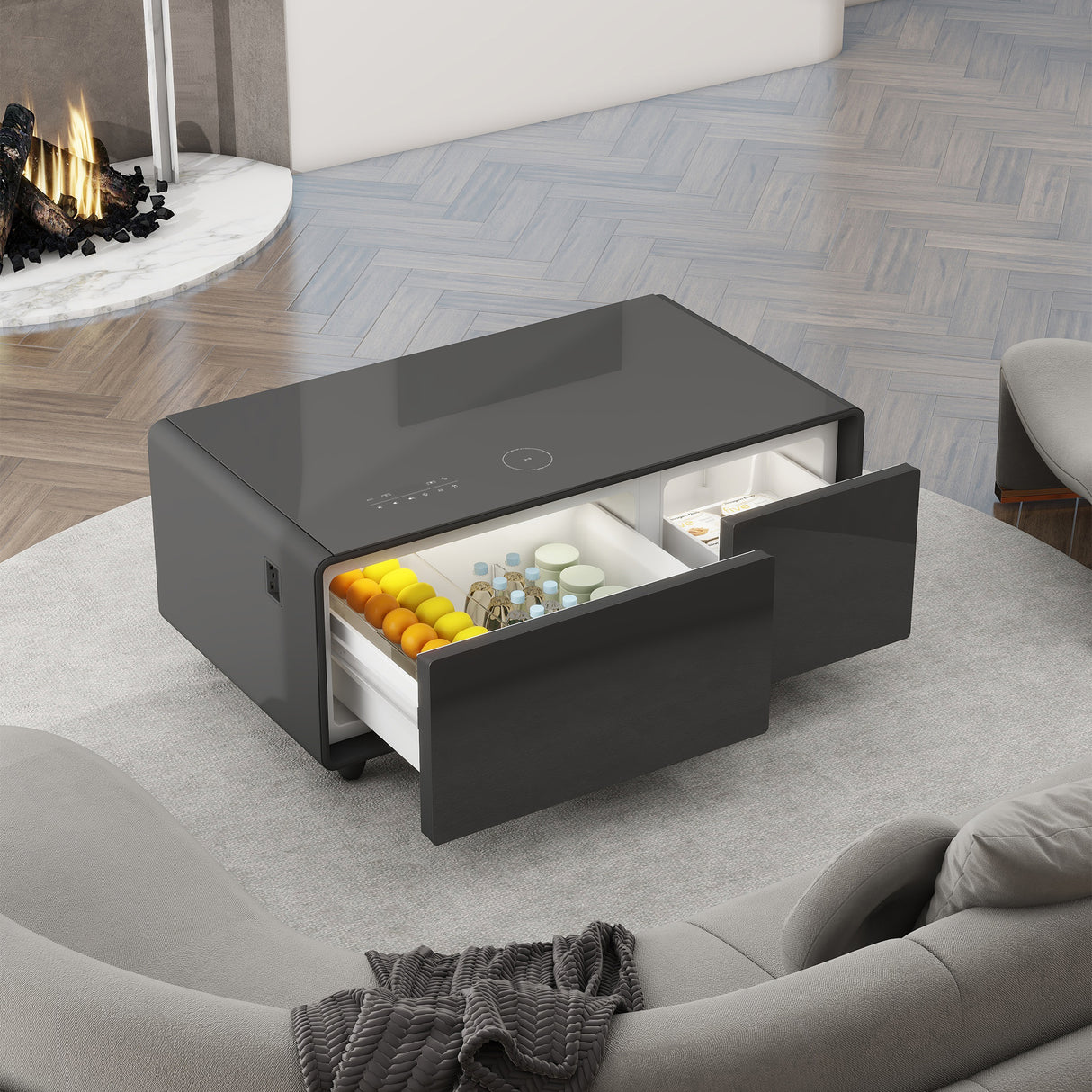 Modern Smart Coffee Table with Built-in Fridge, Bluetooth Speaker, Wireless Charging, Touch Control Panel, USB Interface Black - V.I.P Digital Presence