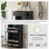 ONTREND with 2 flip drawers, top shoe cabinet with drawers, independent shoe rack with adjustable panel, for hallway use, black - V.I.P Digital Presence
