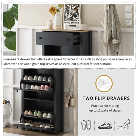 ONTREND with 2 flip drawers, top shoe cabinet with drawers, independent shoe rack with adjustable panel, for hallway use, black - V.I.P Digital Presence