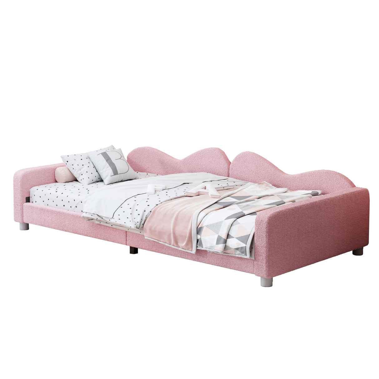 Twin size Upholstered Daybed, Sherpa Fabric Sofabed with Cloud-Shaped Backrest, No Box-spring Needed, Pink - V.I.P Digital Presence