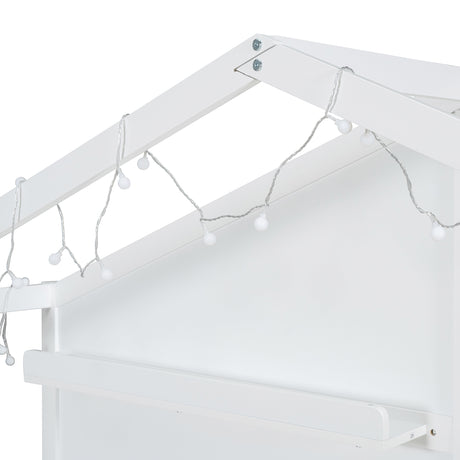 Twin Size House Bed with Upholstered Sofa, House Bed with Charging Station, Wireless Charging, Shelves and Two Drawers, White - V.I.P Digital Presence