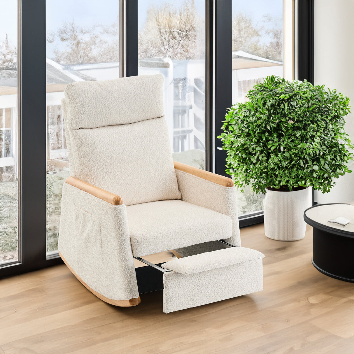 Accent Rocking Chair with Footrest High Back Rubber Wood Rocking Legs Bedroom Living Space 38.6D X 26.8W X 40.6H Inch - V.I.P Digital Presence