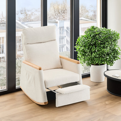 Accent Rocking Chair with Footrest High Back Rubber Wood Rocking Legs Bedroom Living Space 38.6D X 26.8W X 40.6H Inch - V.I.P Digital Presence