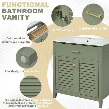30-Inch Bathroom Vanity with Ceramic Sink Combination, Ample Storage - Features 1 Pullout and Multifunctional Shelf Dividers - V.I.P Digital Presence