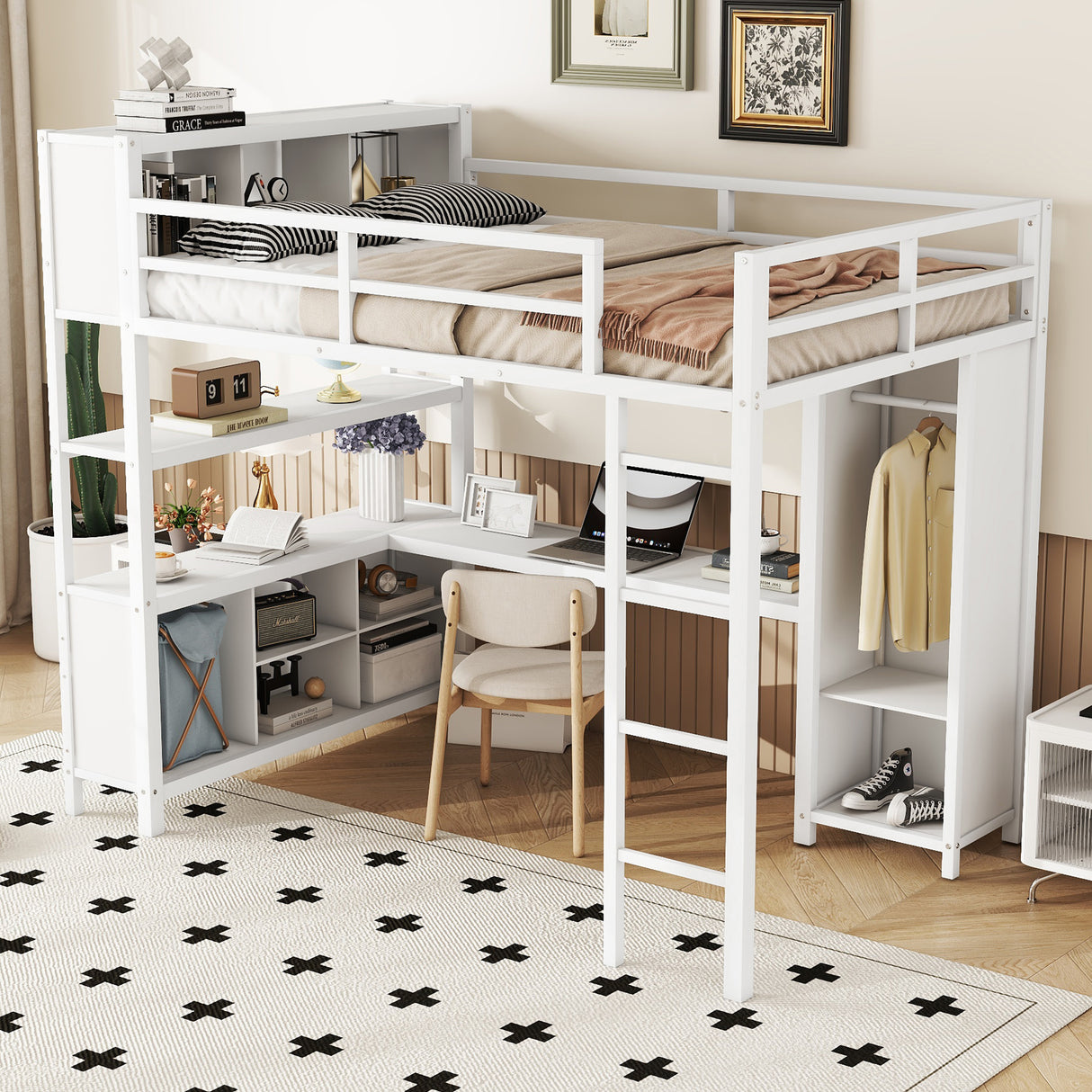 Metal loft bed with wardrobe and L-shaped desk, full-size loft bed with storage cabinet and shelf, white - V.I.P Digital Presence