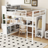 Metal loft bed with wardrobe and L-shaped desk, full-size loft bed with storage cabinet and shelf, white - V.I.P Digital Presence