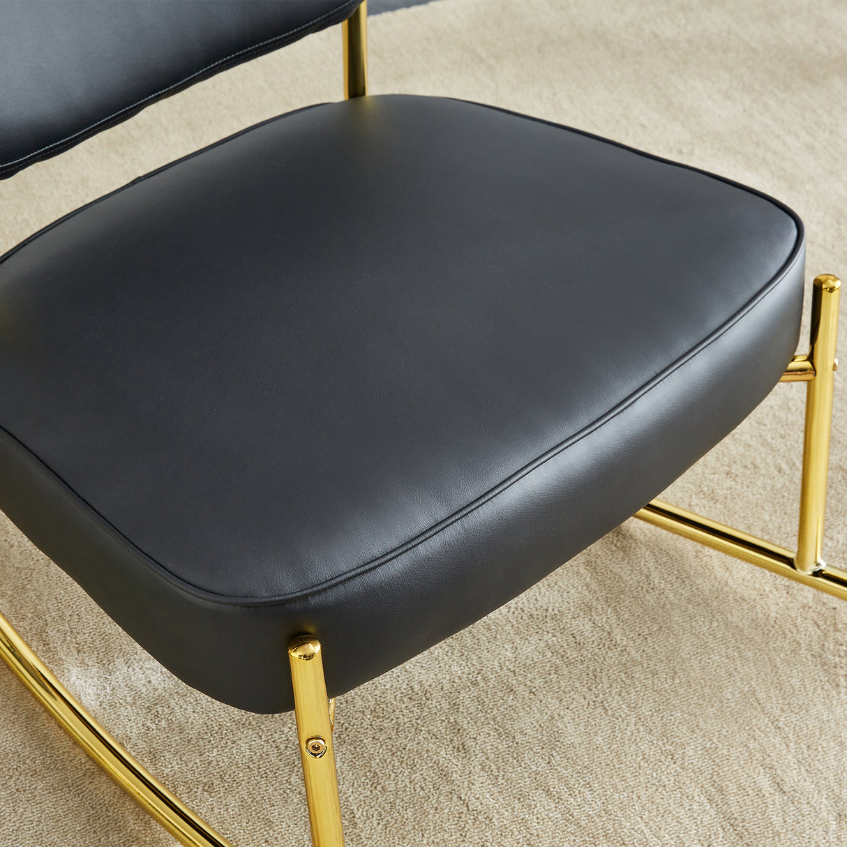 PU material cushioned rocking chair unique rocking chair cushioned seat black backrest rocking chair and gold metal legs