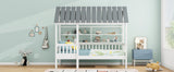 Wood Twin Size House Bed with Roof, Guardrail and Shelves, White - V.I.P Digital Presence
