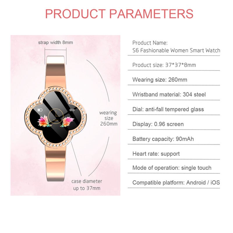 Pulsera inteligente S6 para mujer, resistente al agua IP67, con control del ritmo cardíaco y de la presión arterial, recordatorios de llamadas y mensajes. 