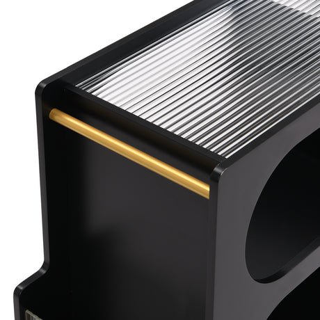 Stylish mobile desk with lockable wheels,bedside table with 5mm thick grooved tempered glass and gold round bars ，black - V.I.P Digital Presence