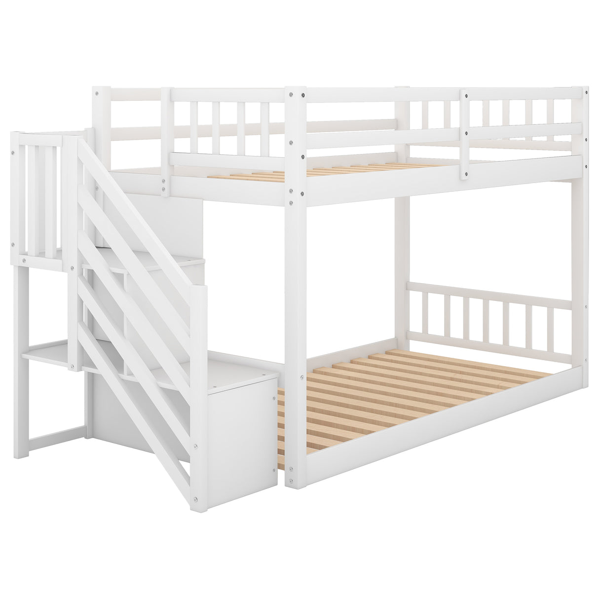 Twin over Twin Floor Bunk Bed, Ladder with Storage  White