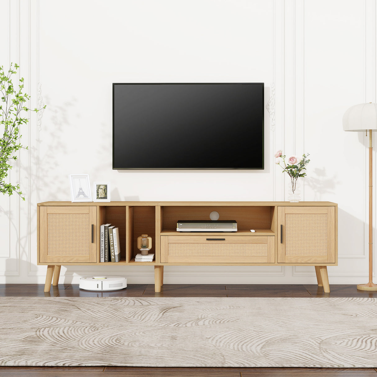 Vine TV stand with 2 cabinets and 2 open shelves, suitable for TVs under 80 inches, with solid wood legs for TV cabinets - V.I.P Digital Presence