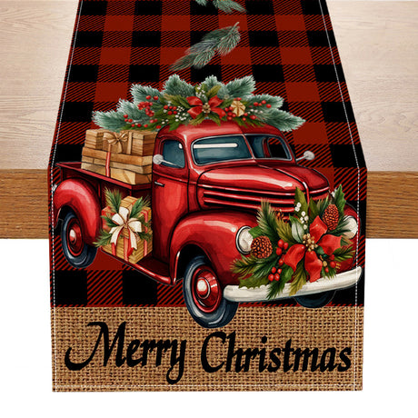 Red car printed table flag Christmas red black checkered linen living room decoration tablecloth - V.I.P Digital Presence