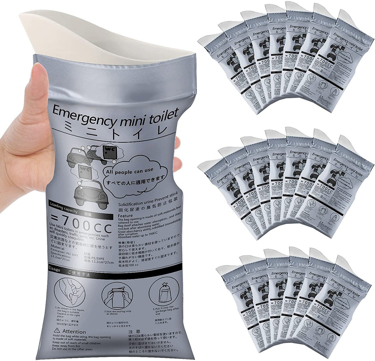 4 bolsas de orina de emergencia para exteriores, 700 ml, fáciles de transportar, mini inodoros móviles de viaje para bebés, mujeres y hombres. 