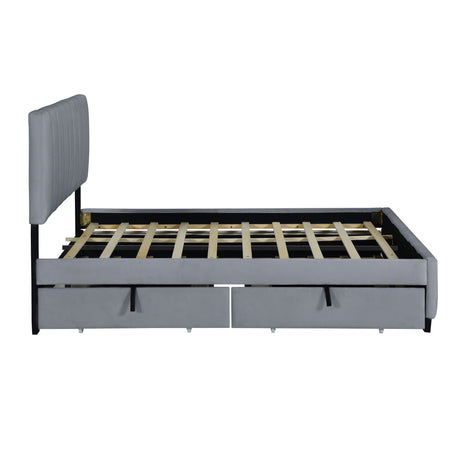 Queen Size Velvet Upholstered Platform Bed with 2 Drawers and 1 Twin XL Trundle- Gray - V.I.P Digital Presence