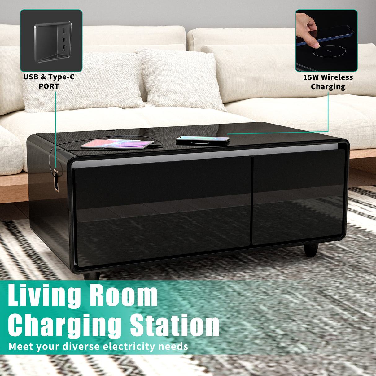 Modern Smart Coffee Table with Built-in Fridge, Bluetooth Speaker, Wireless Charging, Touch Control Panel, USB Interface Black - V.I.P Digital Presence
