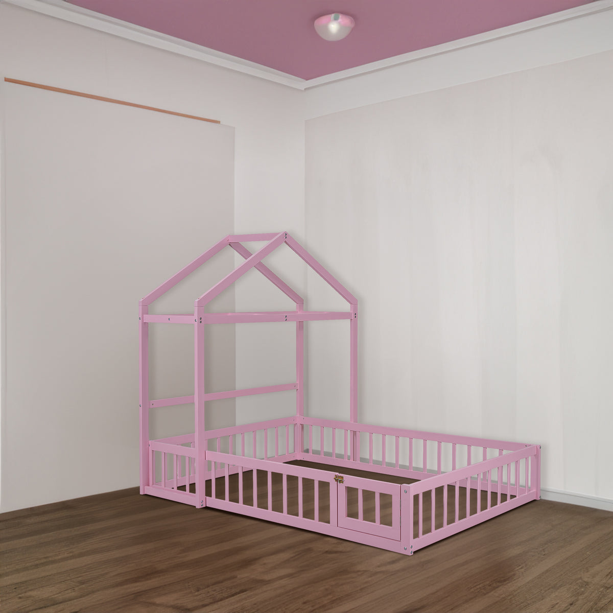 Wooden Full Size Children's Bed with Detachable Headboard and Integrated Clothes Drying Rack, Pink - V.I.P Digital Presence