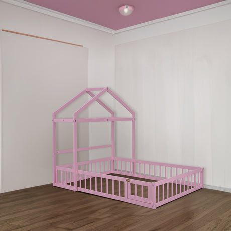 Wooden Full Size Children's Bed with Detachable Headboard and Integrated Clothes Drying Rack, Pink - V.I.P Digital Presence