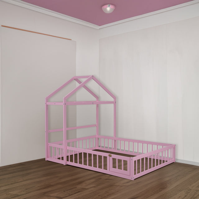 Wooden Full Size Children's Bed with Detachable Headboard and Integrated Clothes Drying Rack, Pink - V.I.P Digital Presence