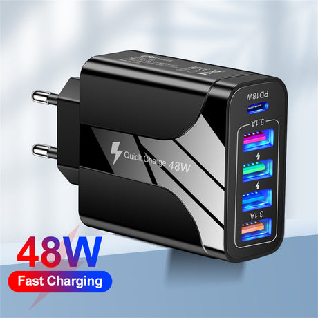 4USB+Type-C mobile phone charger PD18W 5-in-1 charging head 48W charger PD interface charger - V.I.P Digital Presence