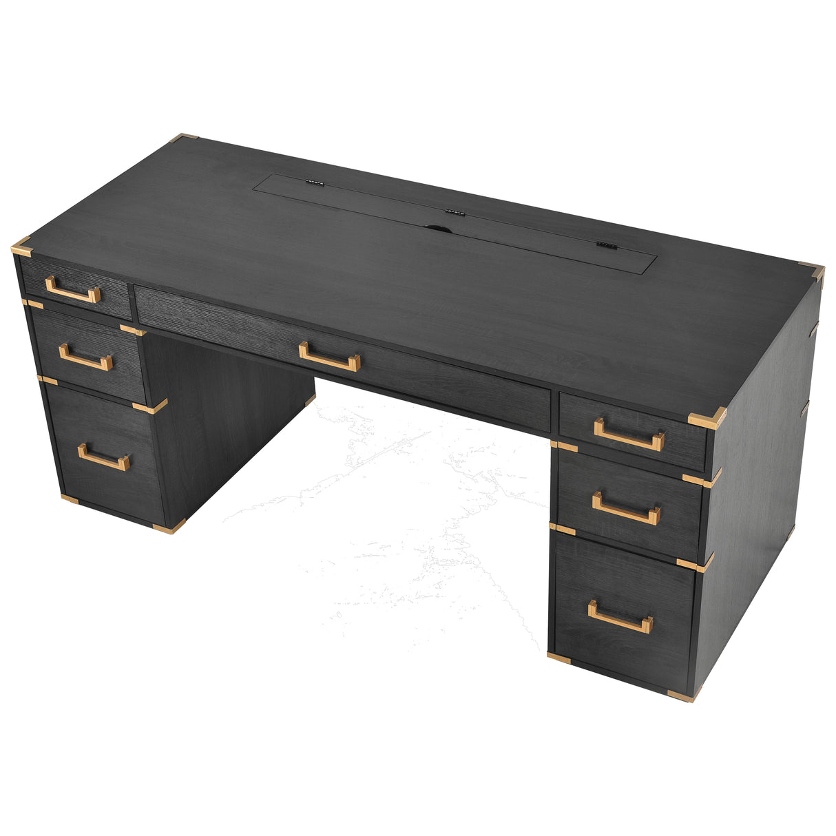 70 inch classic and traditional executive desk with metal trim, writing desk with 2 file drawers, USB ports, and sockets, black - V.I.P Digital Presence