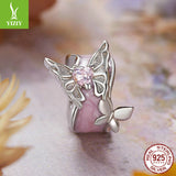Silver Charm Pink Butterfly DIY Silicone Positioning Bracelet with Separated Beads Romantic Spring Day s925 Pure Silver Beads Loose Beads - V.I.P Digital Presence