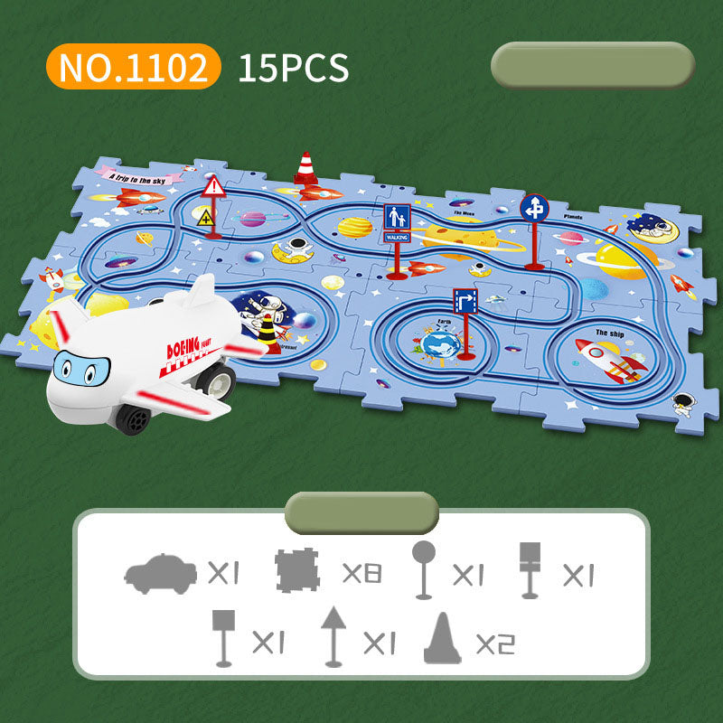 Montaje de bricolaje de un coche de pista de rompecabezas para niños con varios escenarios de construcción de mapas de la ciudad, coche de pista de rompecabezas eléctrico