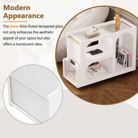 Stylish mobile desk with lockable wheels, white bedside table with 5mm thick grooved tempered glass and gold round bars - V.I.P Digital Presence