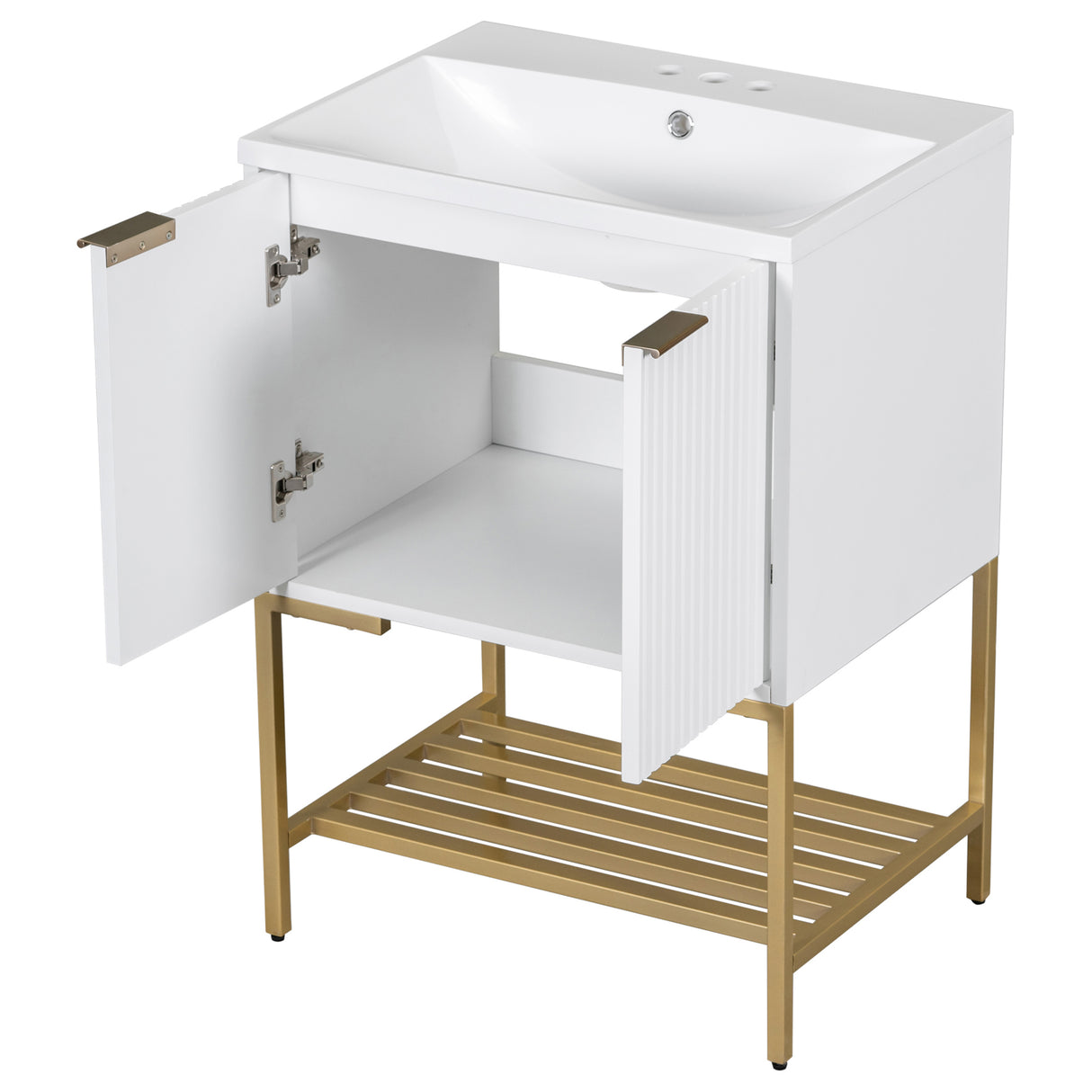 24" Bathroom Vanity with Sink, Bathroom Vanity Cabinet with Two Doors and Gold Metal Frame, Open Storage Shelf, White - V.I.P Digital Presence