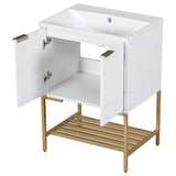 24" Bathroom Vanity with Sink, Bathroom Vanity Cabinet with Two Doors and Gold Metal Frame, Open Storage Shelf, White - V.I.P Digital Presence