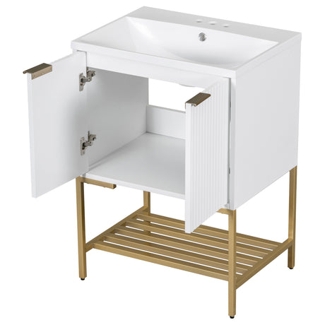 24" Bathroom Vanity with Sink, Bathroom Vanity Cabinet with Two Doors and Gold Metal Frame, Open Storage Shelf, White - V.I.P Digital Presence
