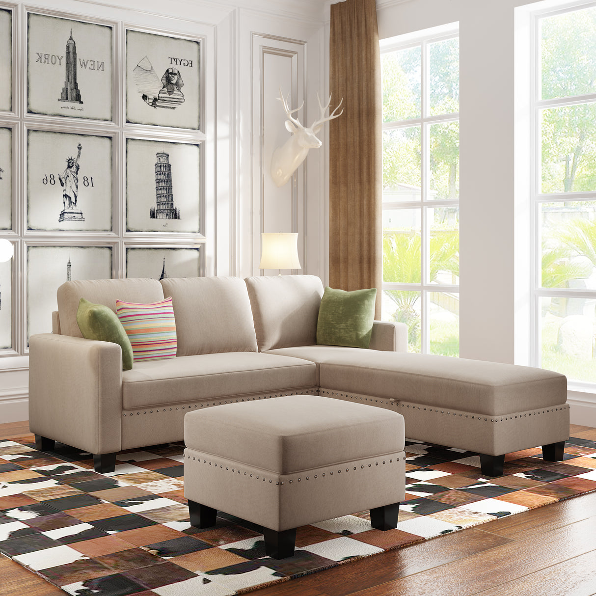 [New] [VIDEO provided] 81.1*76.3*35" Reversible Sectional Couch with Storage Ottoman L-Shaped Sofa Warm Grey