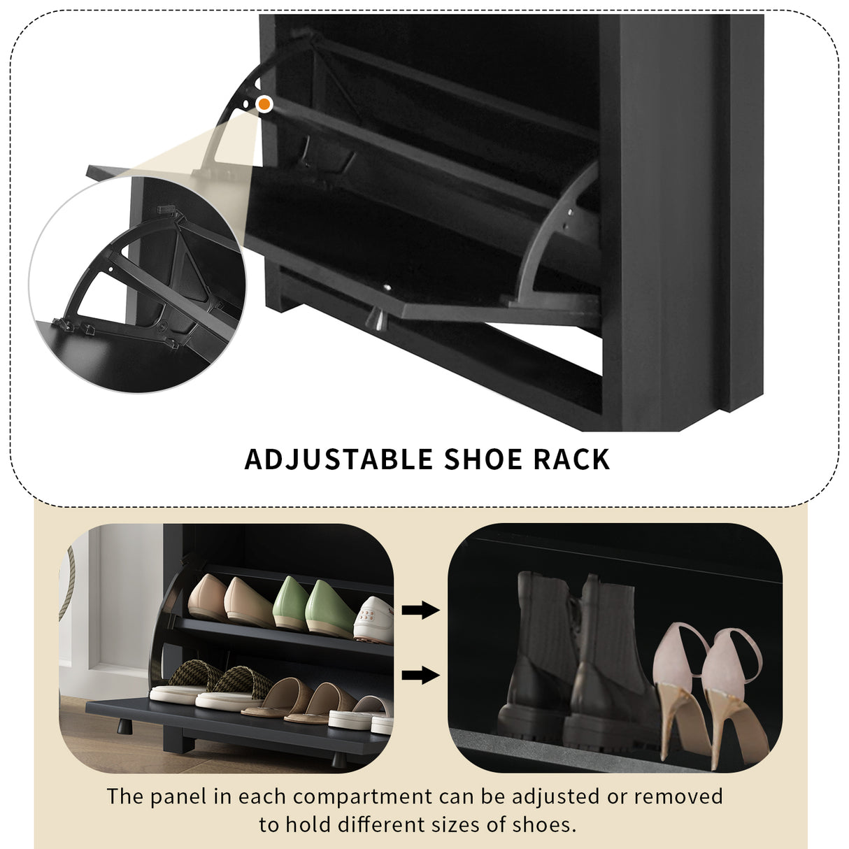 ONTREND with 2 flip drawers, top shoe cabinet with drawers, independent shoe rack with adjustable panel, for hallway use, black - V.I.P Digital Presence
