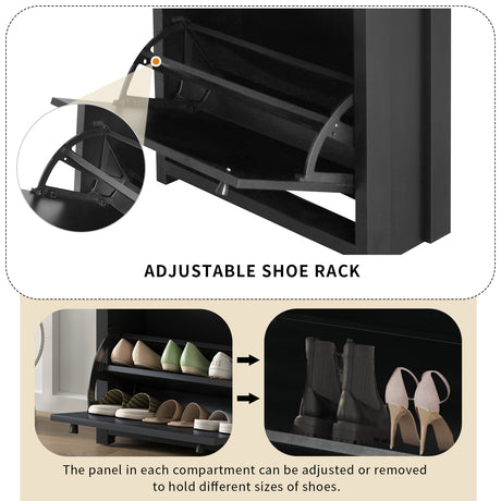 ONTREND with 2 flip drawers, top shoe cabinet with drawers, independent shoe rack with adjustable panel, for hallway use, black - V.I.P Digital Presence
