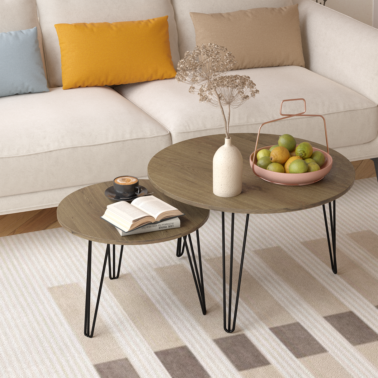 27.56'' Round Nesting Coffee Table Set of 2, Circular Nesting End Table Set  Sturdy Metal Base for Living Room, bedroom, Brown - V.I.P Digital Presence